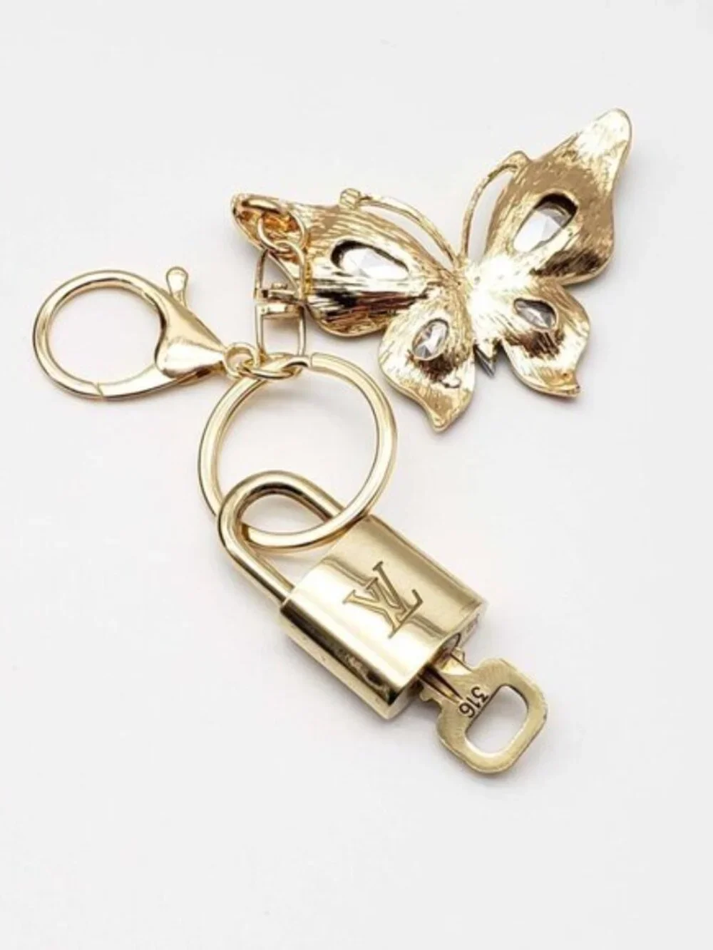 LV Gold Padlock 🔑 Authentic Louis Vuitton Charm + Unbranded Butterfly Keychain
